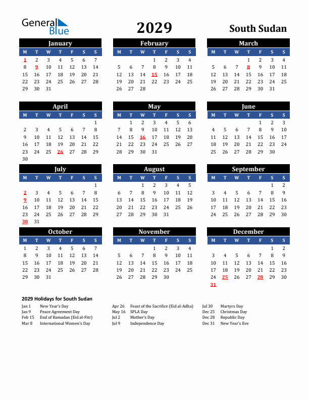 2029 South Sudan Holiday Calendar