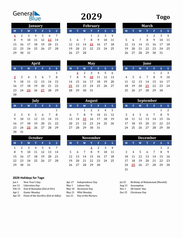 2029 Togo Holiday Calendar