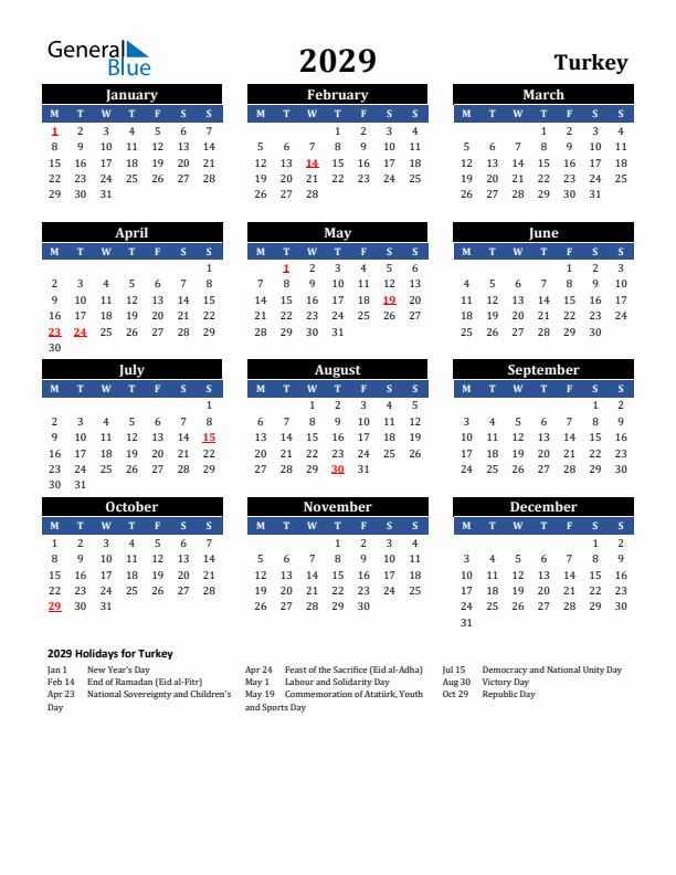 2029 Turkey Holiday Calendar