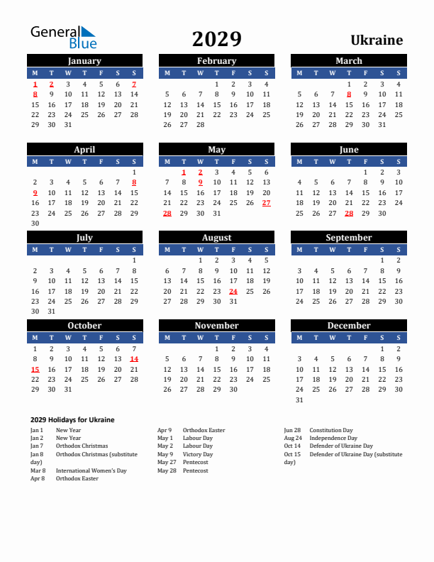 2029 Ukraine Holiday Calendar