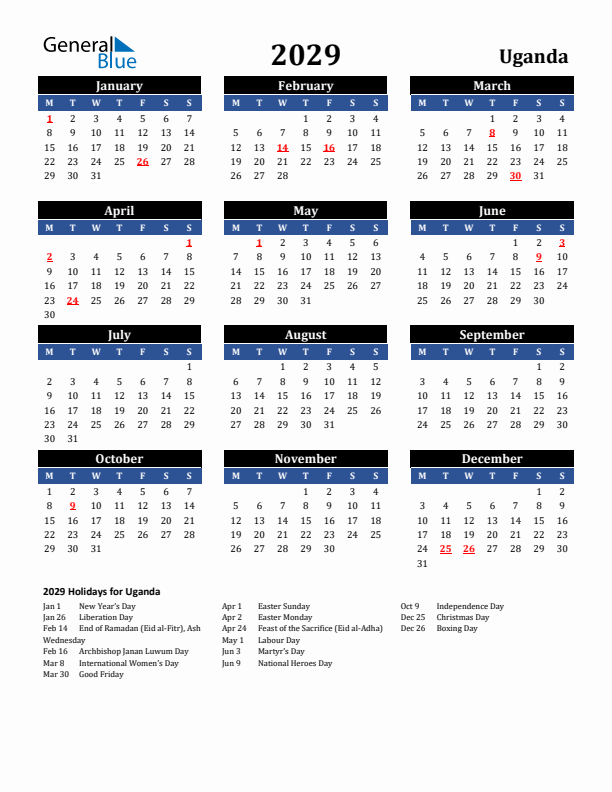 2029 Uganda Holiday Calendar