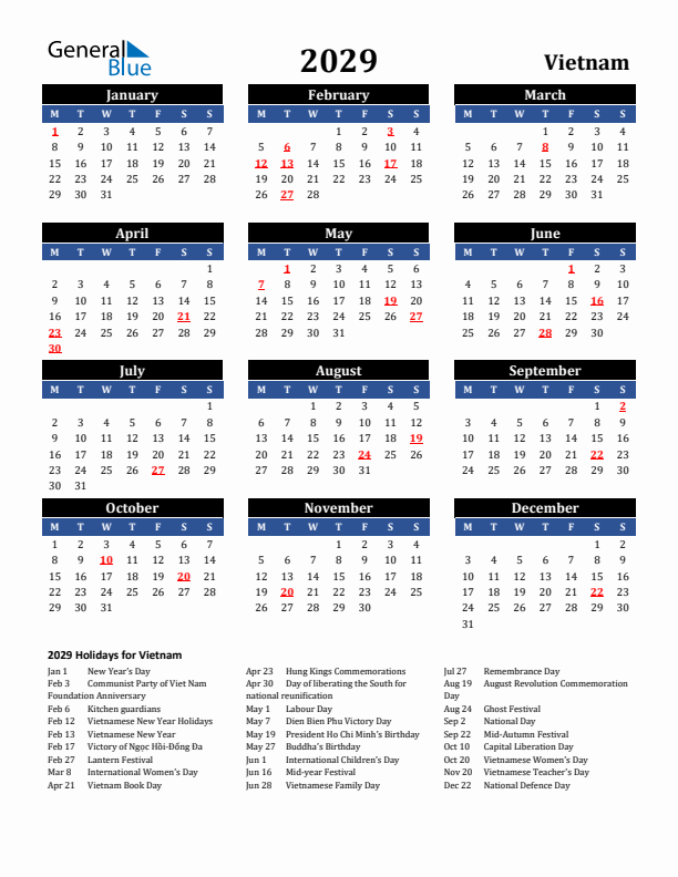 2029 Vietnam Holiday Calendar