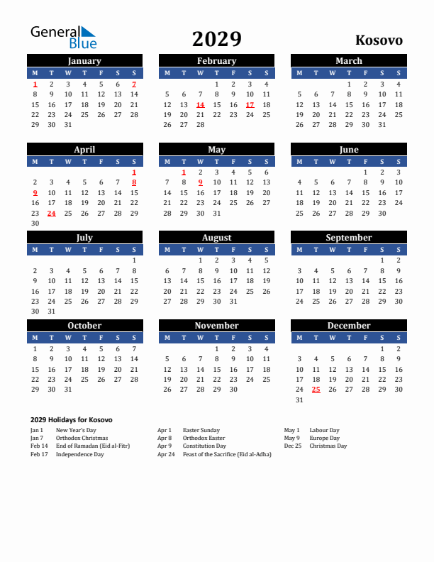 2029 Kosovo Holiday Calendar