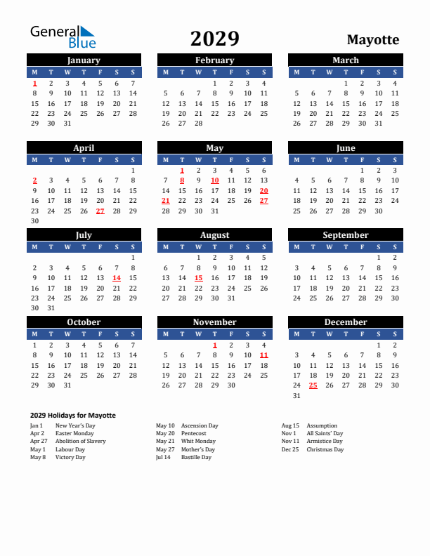 2029 Mayotte Holiday Calendar