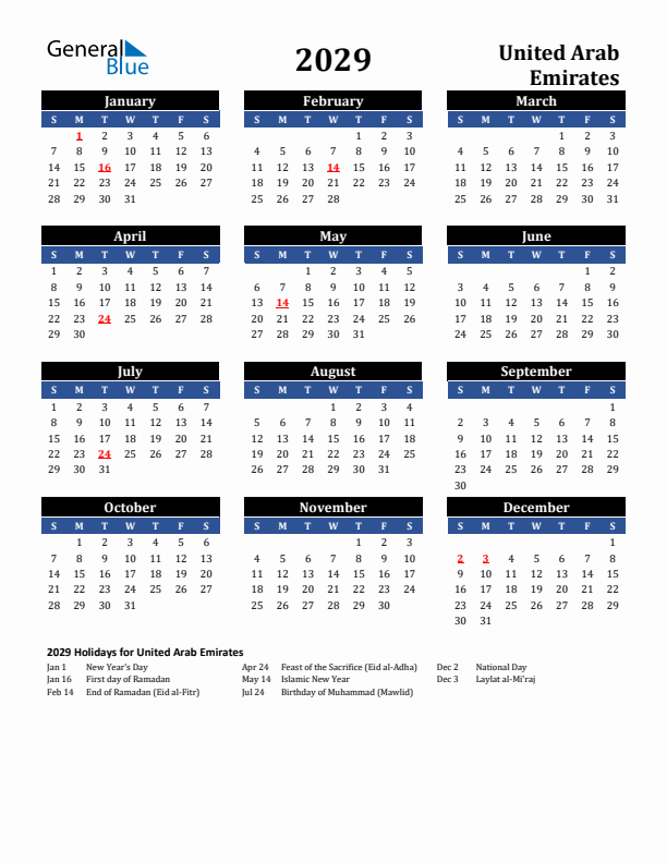 2029 United Arab Emirates Holiday Calendar