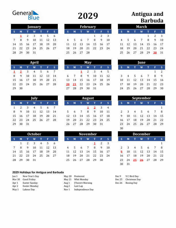 2029 Antigua and Barbuda Holiday Calendar