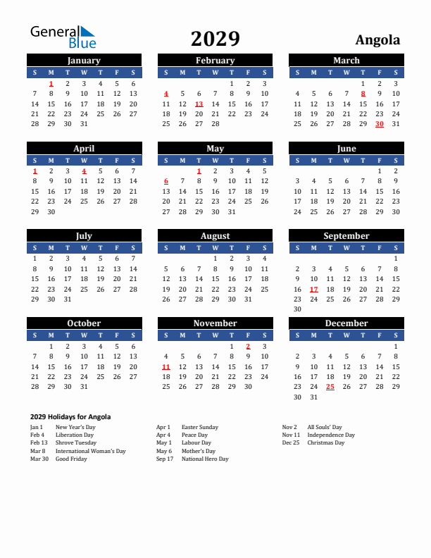 2029 Angola Holiday Calendar