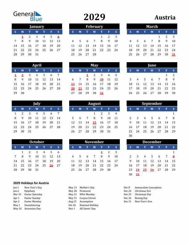 2029 Austria Holiday Calendar