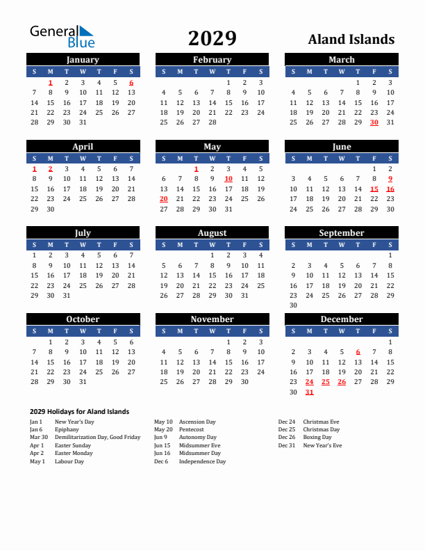 2029 Aland Islands Holiday Calendar