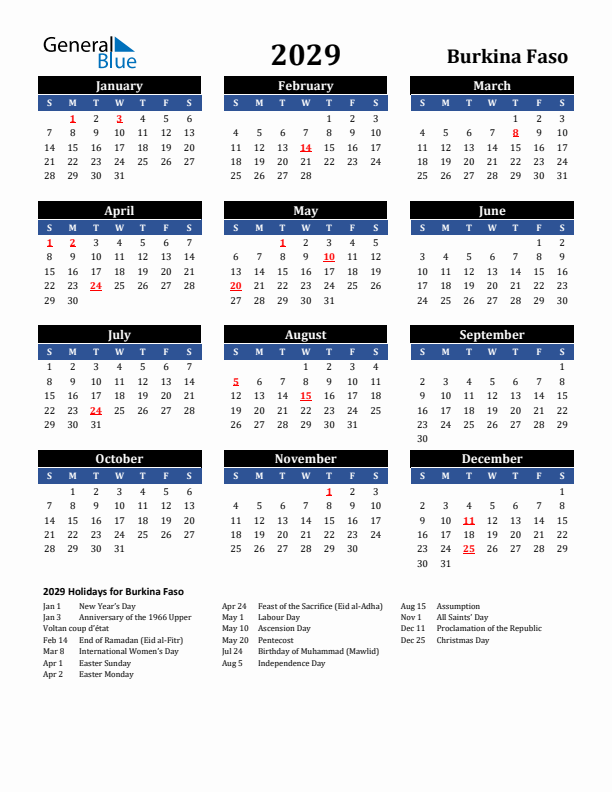 2029 Burkina Faso Holiday Calendar