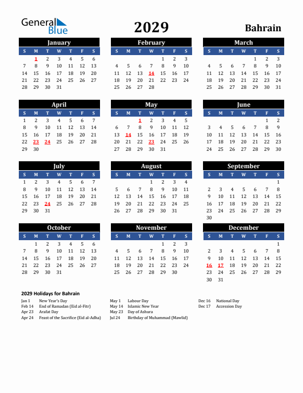 2029 Bahrain Holiday Calendar