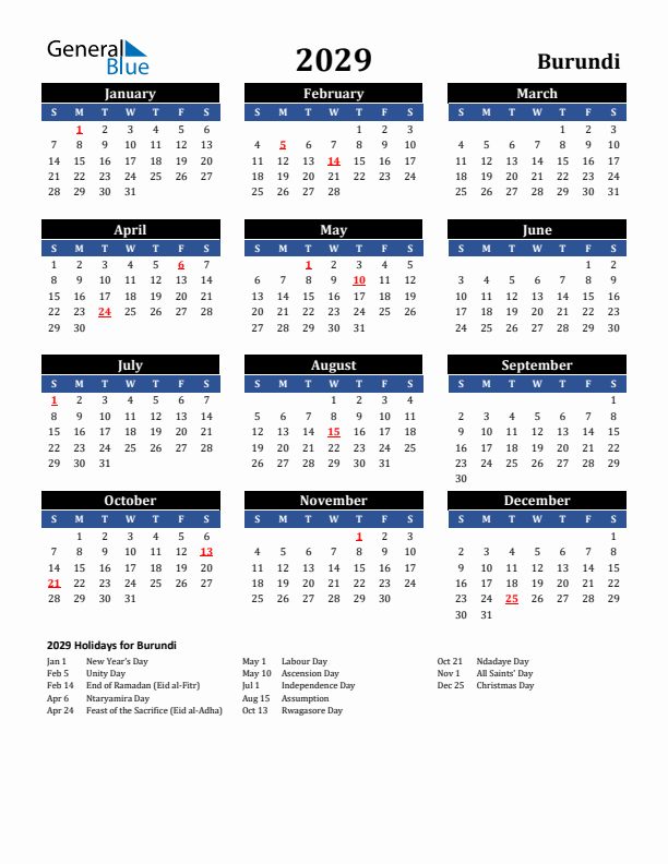 2029 Burundi Holiday Calendar
