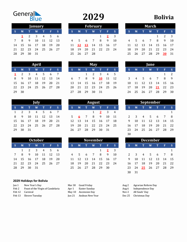 2029 Bolivia Holiday Calendar