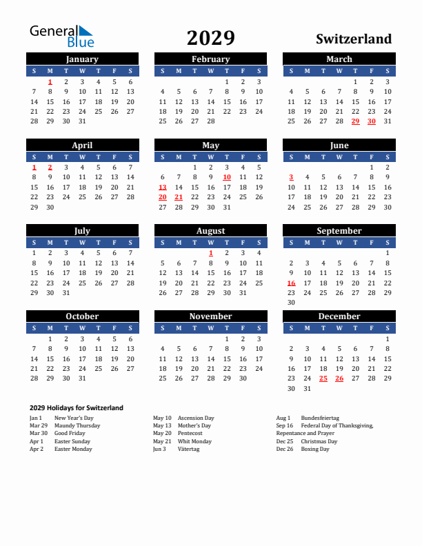 2029 Switzerland Holiday Calendar
