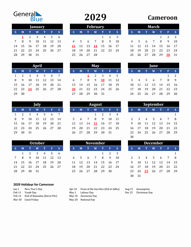 2029 Cameroon Holiday Calendar