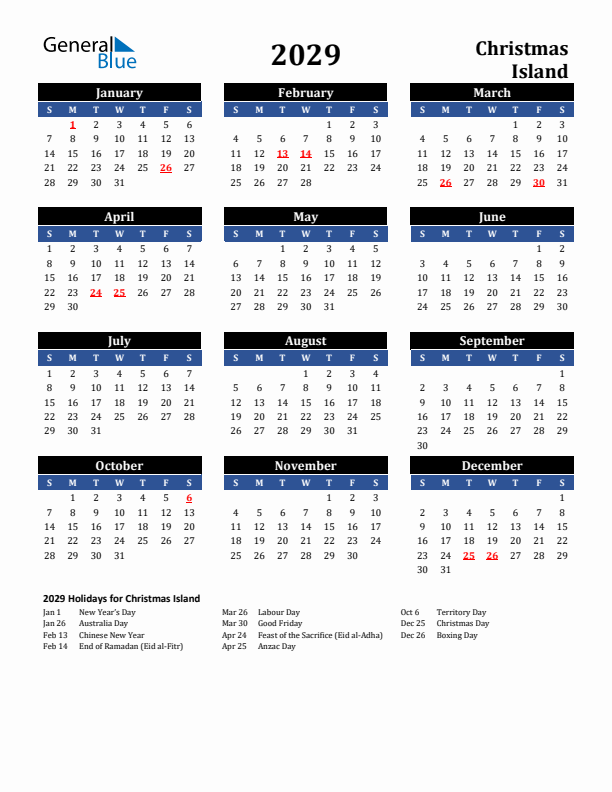 2029 Christmas Island Holiday Calendar