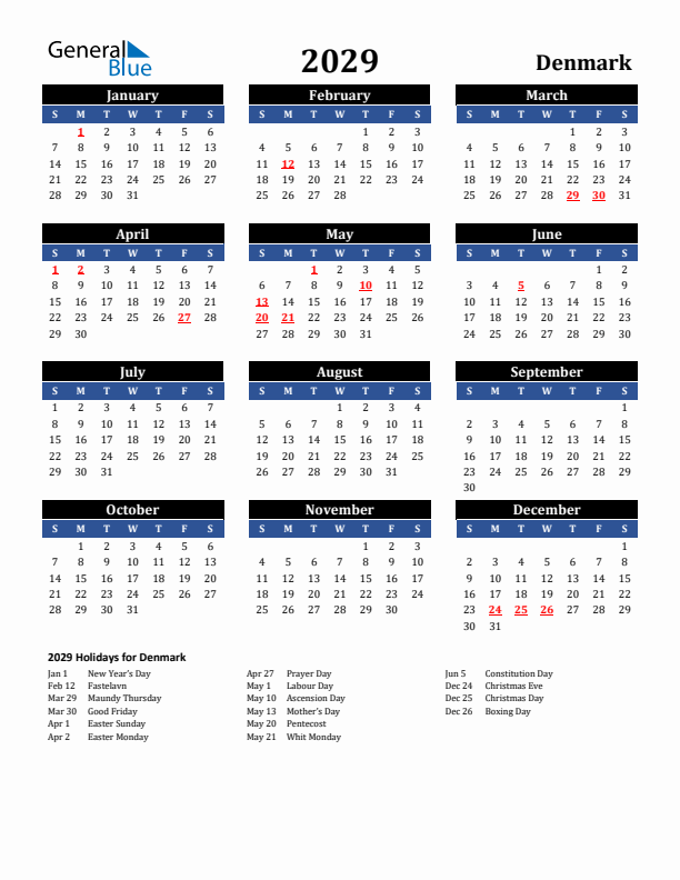 2029 Denmark Holiday Calendar