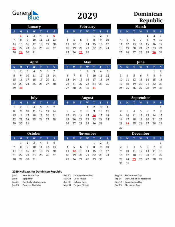 2029 Dominican Republic Holiday Calendar