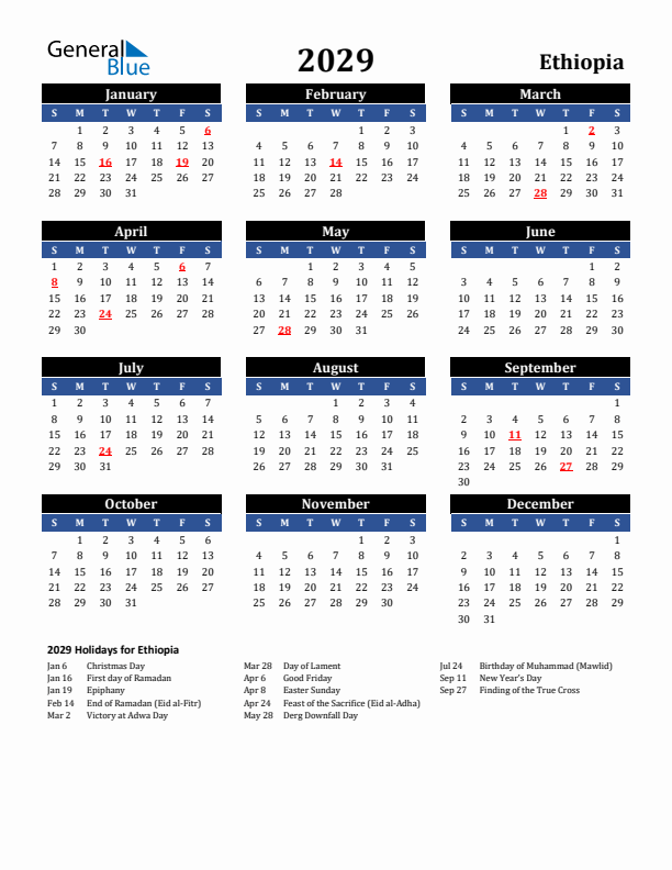 2029 Ethiopia Holiday Calendar