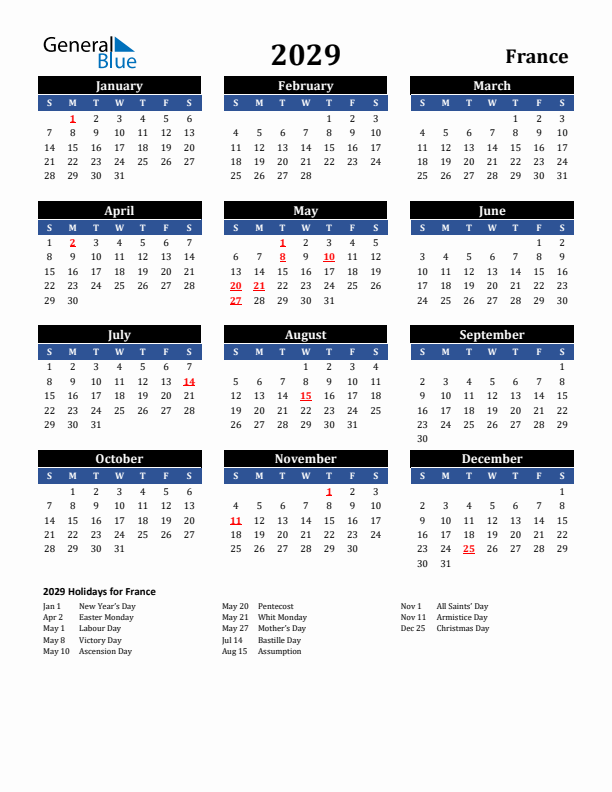 2029 France Holiday Calendar