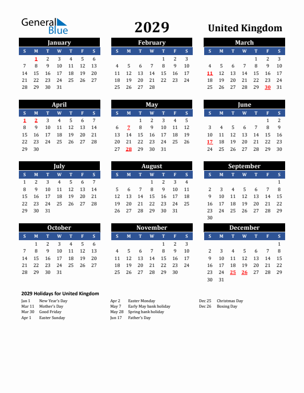 2029 United Kingdom Holiday Calendar