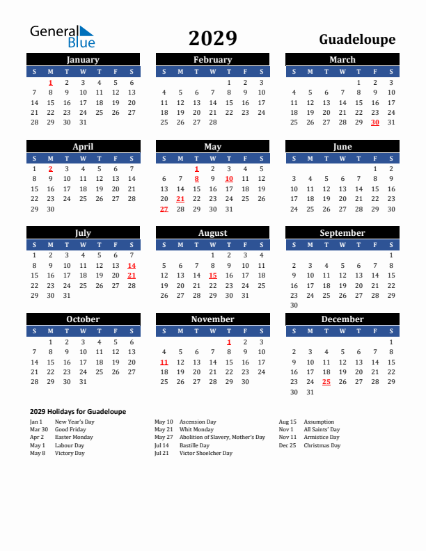 2029 Guadeloupe Holiday Calendar