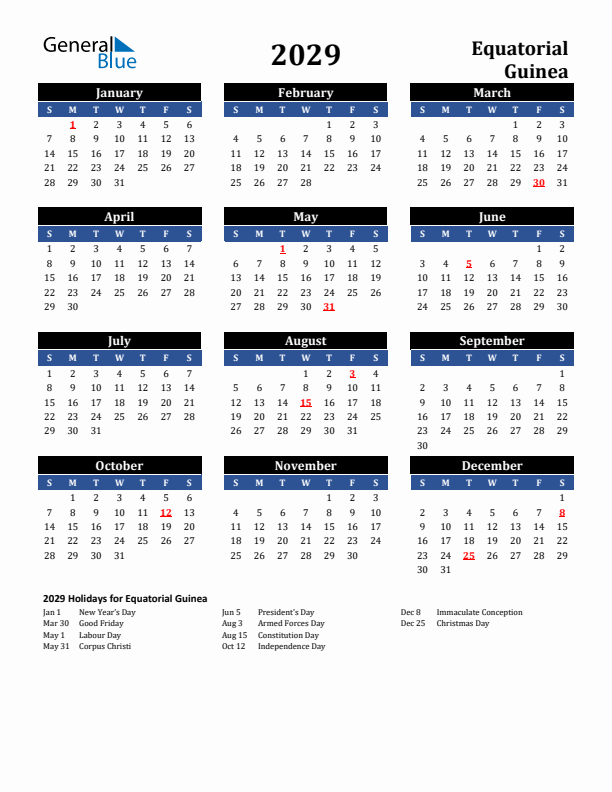 2029 Equatorial Guinea Holiday Calendar
