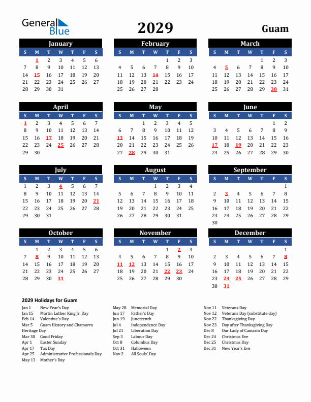 2029 Guam Holiday Calendar
