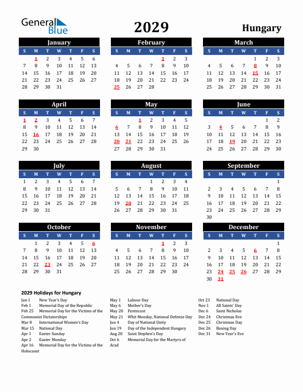 2029 Hungary Holiday Calendar