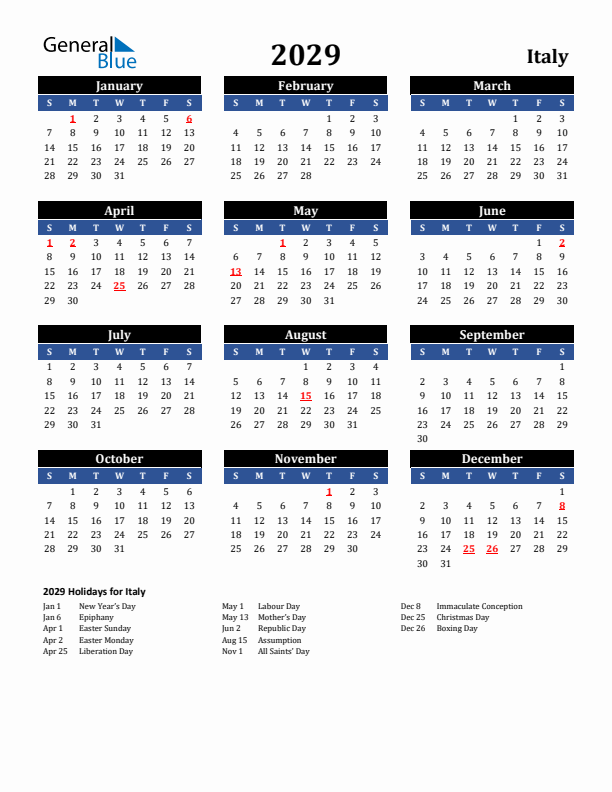 2029 Italy Holiday Calendar