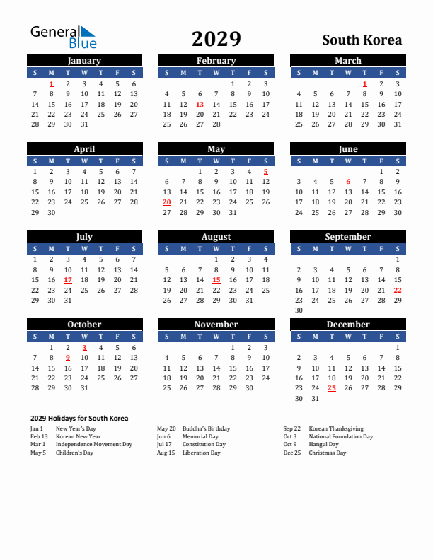2029 South Korea Holiday Calendar