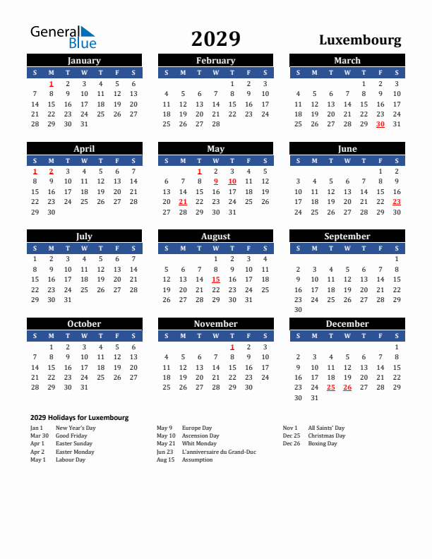 2029 Luxembourg Holiday Calendar