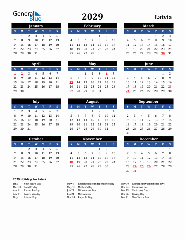 2029 Latvia Holiday Calendar