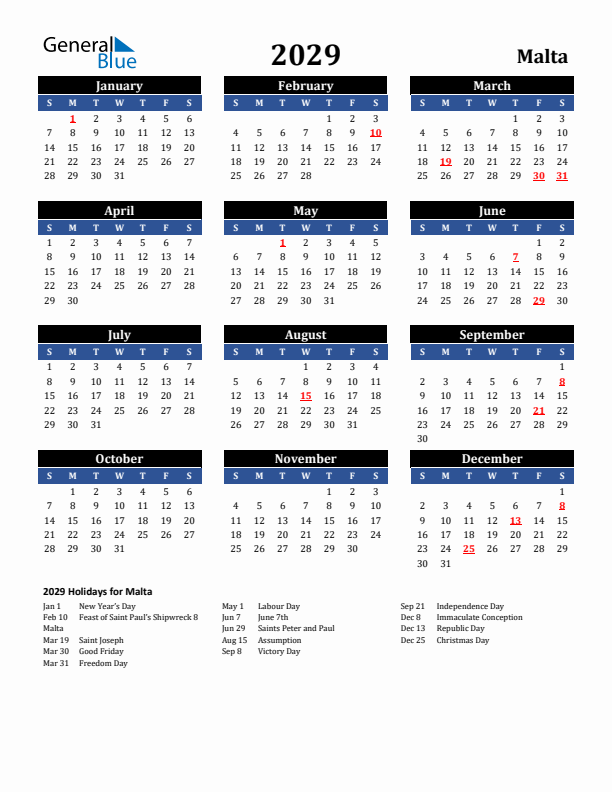 2029 Malta Holiday Calendar