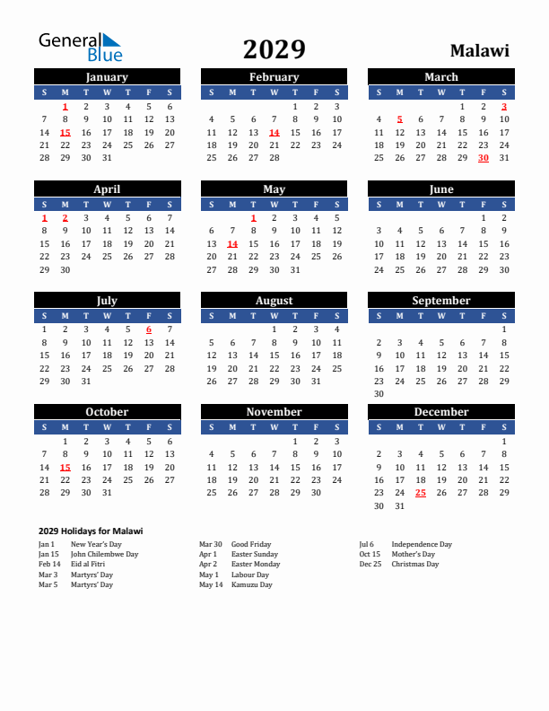 2029 Malawi Holiday Calendar