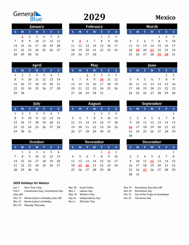 2029 Mexico Holiday Calendar
