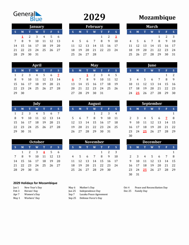 2029 Mozambique Holiday Calendar