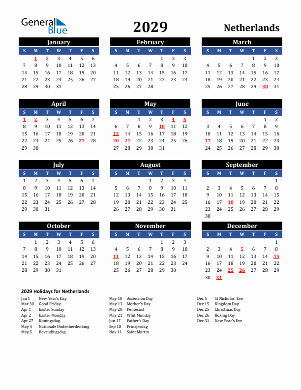 2029 The Netherlands Holiday Calendar