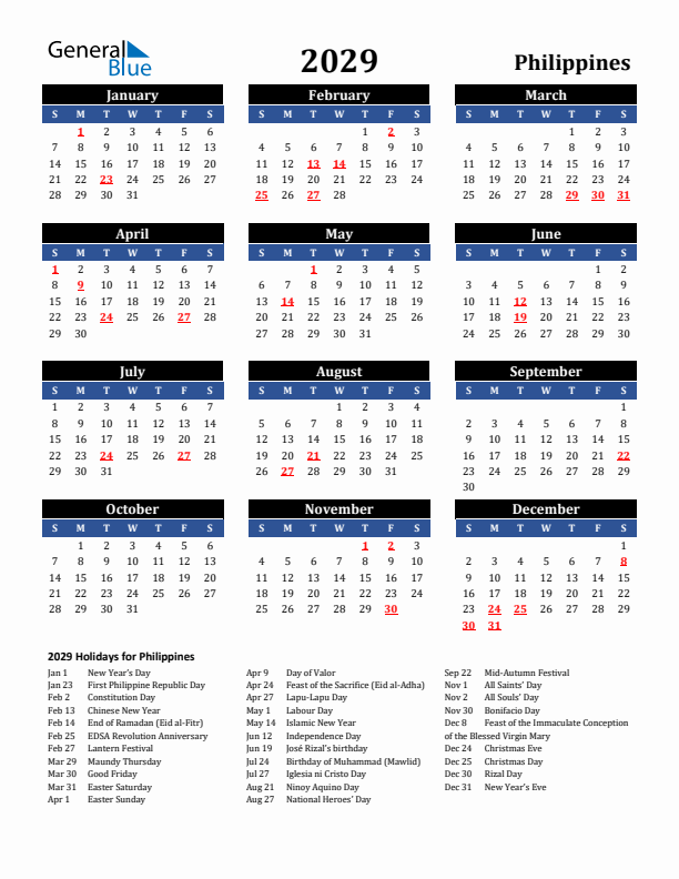 2029 Philippines Holiday Calendar