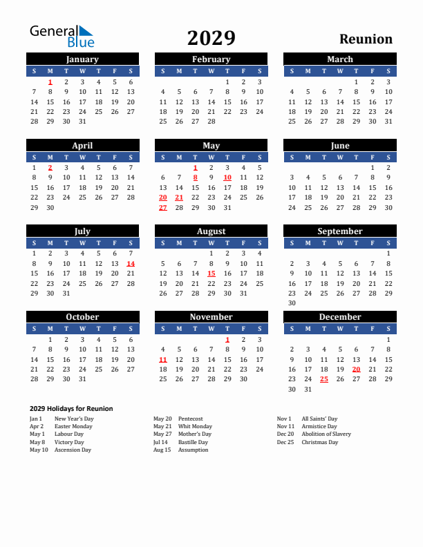 2029 Reunion Holiday Calendar