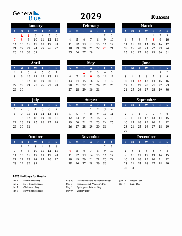 2029 Russia Holiday Calendar