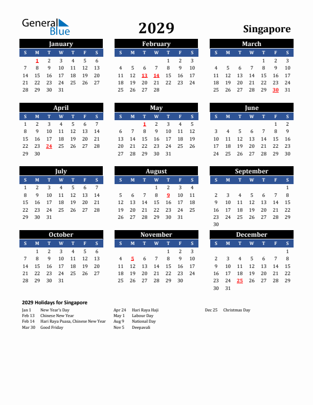 2029 Singapore Holiday Calendar
