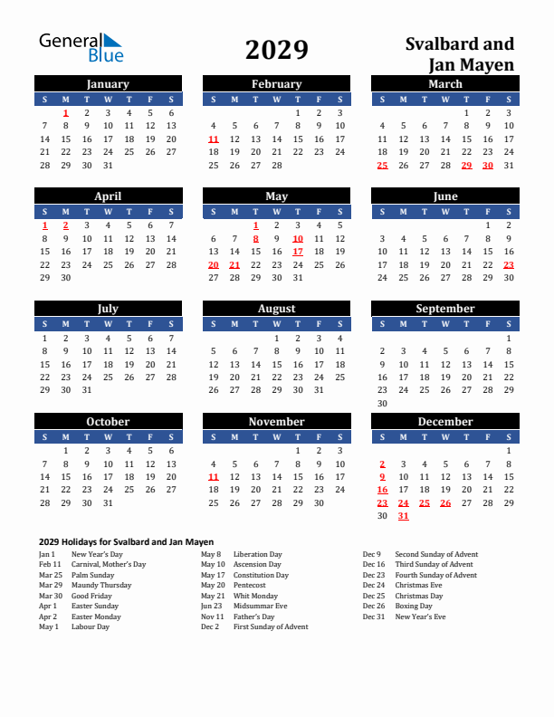 2029 Svalbard and Jan Mayen Holiday Calendar