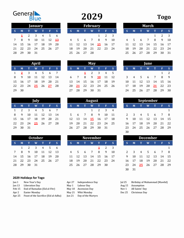 2029 Togo Holiday Calendar