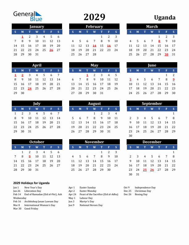 2029 Uganda Holiday Calendar