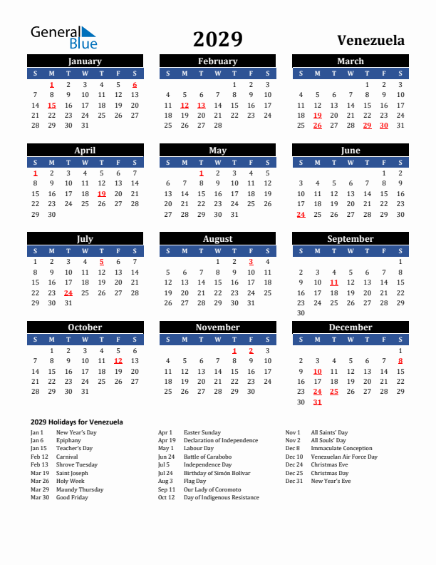 2029 Venezuela Holiday Calendar