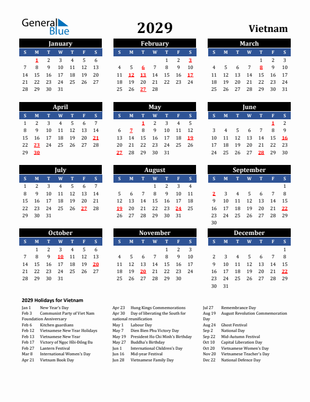2029 Vietnam Holiday Calendar