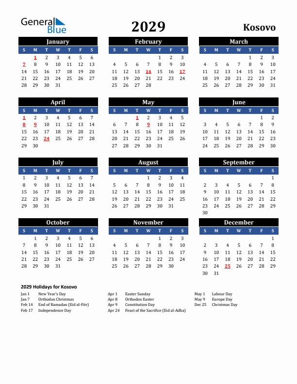 2029 Kosovo Holiday Calendar