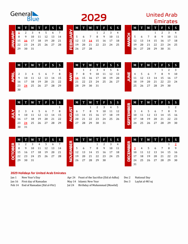 Download United Arab Emirates 2029 Calendar - Monday Start