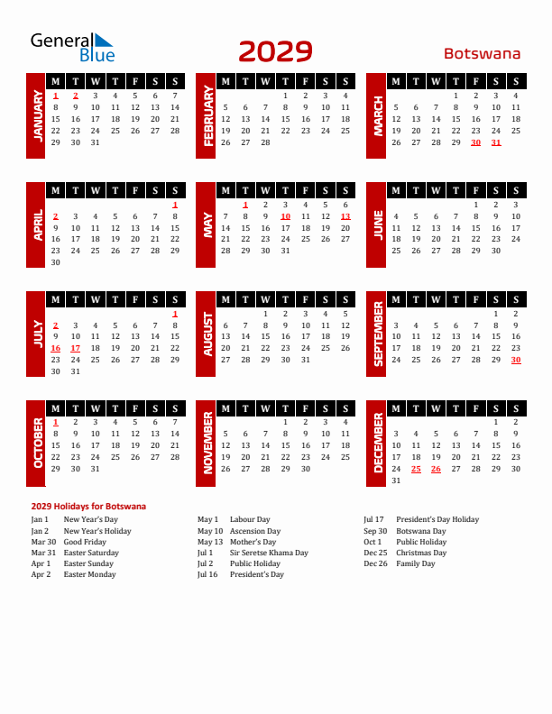 Download Botswana 2029 Calendar - Monday Start